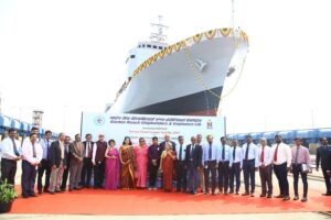 Read more about the article ‘Ikshak’, the third of the four Survey Vessels (Large) (SVL) Project, being built by GRSE/L&T for Indian Navy launched at Kattupalli, Chennai