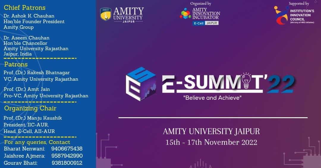 You are currently viewing Entrepreneurship Cell, Amity University, Rajasthan announces “E-Summit 2022”