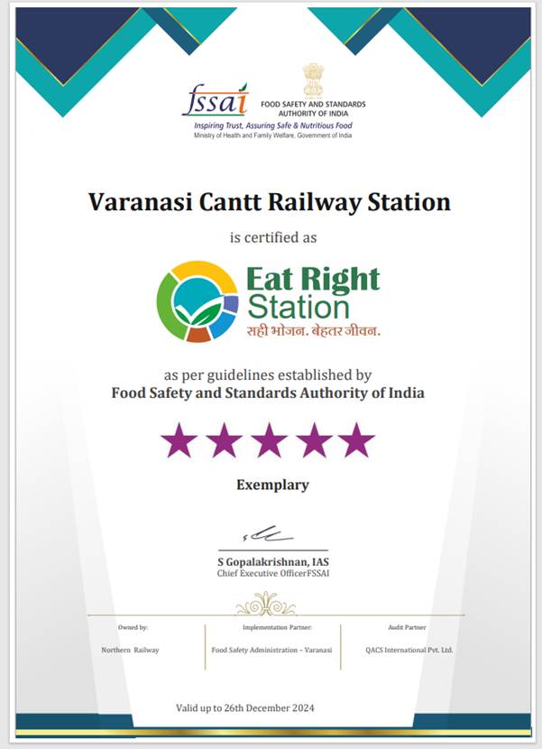 You are currently viewing Varanasi Cantt Railway Station bags 5-star rating certification by FSSAI