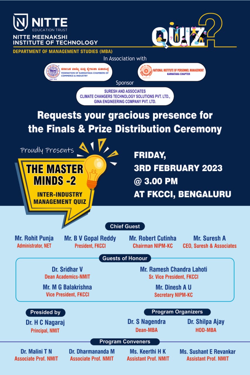You are currently viewing NITTE Meenakshi Institute of Technology to organize Master Minds 2: An Inter-Industry Management Quiz for Corporate Professionals!